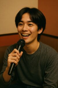 マイクを持つ笑顔の男性