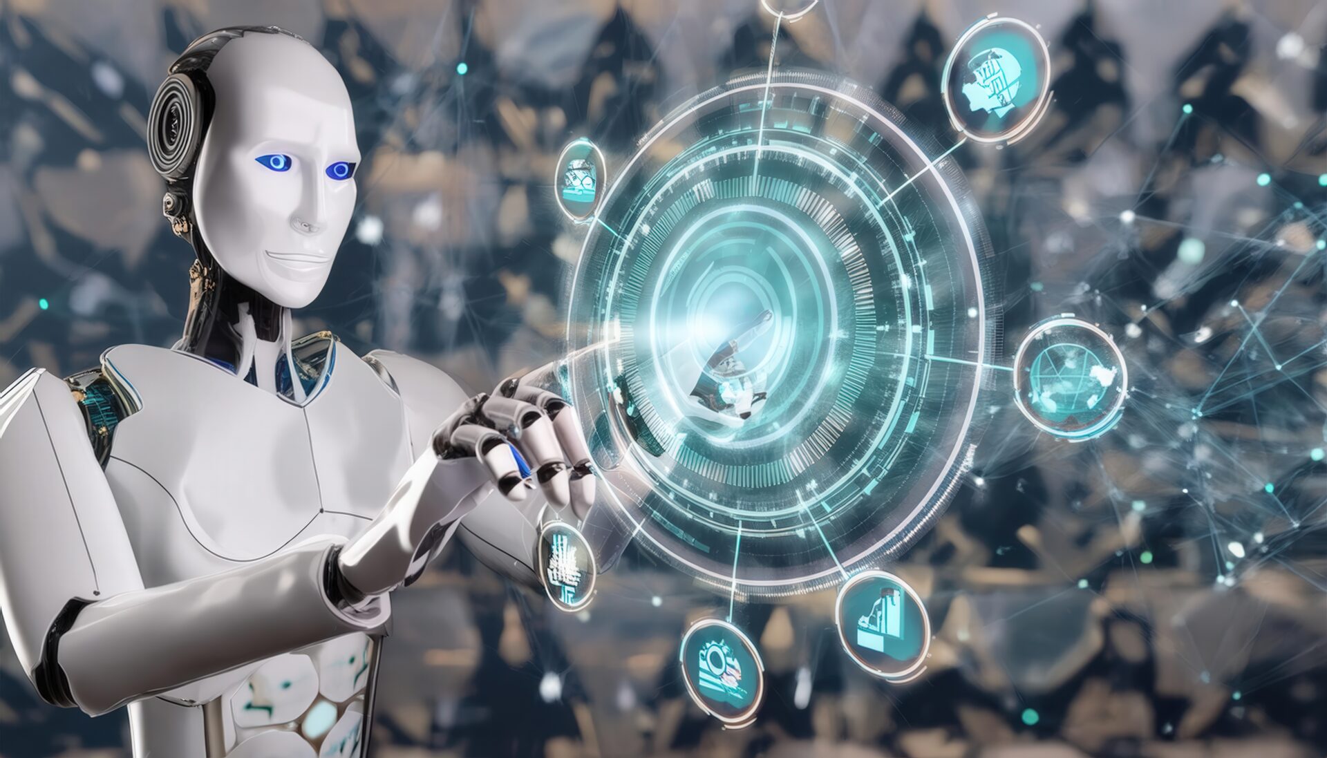 未来のホログラムインターフェイスを操作するロボット