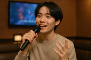 カラオケ中に話す男性