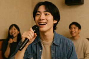 カラオケ中に笑顔を見せる男性