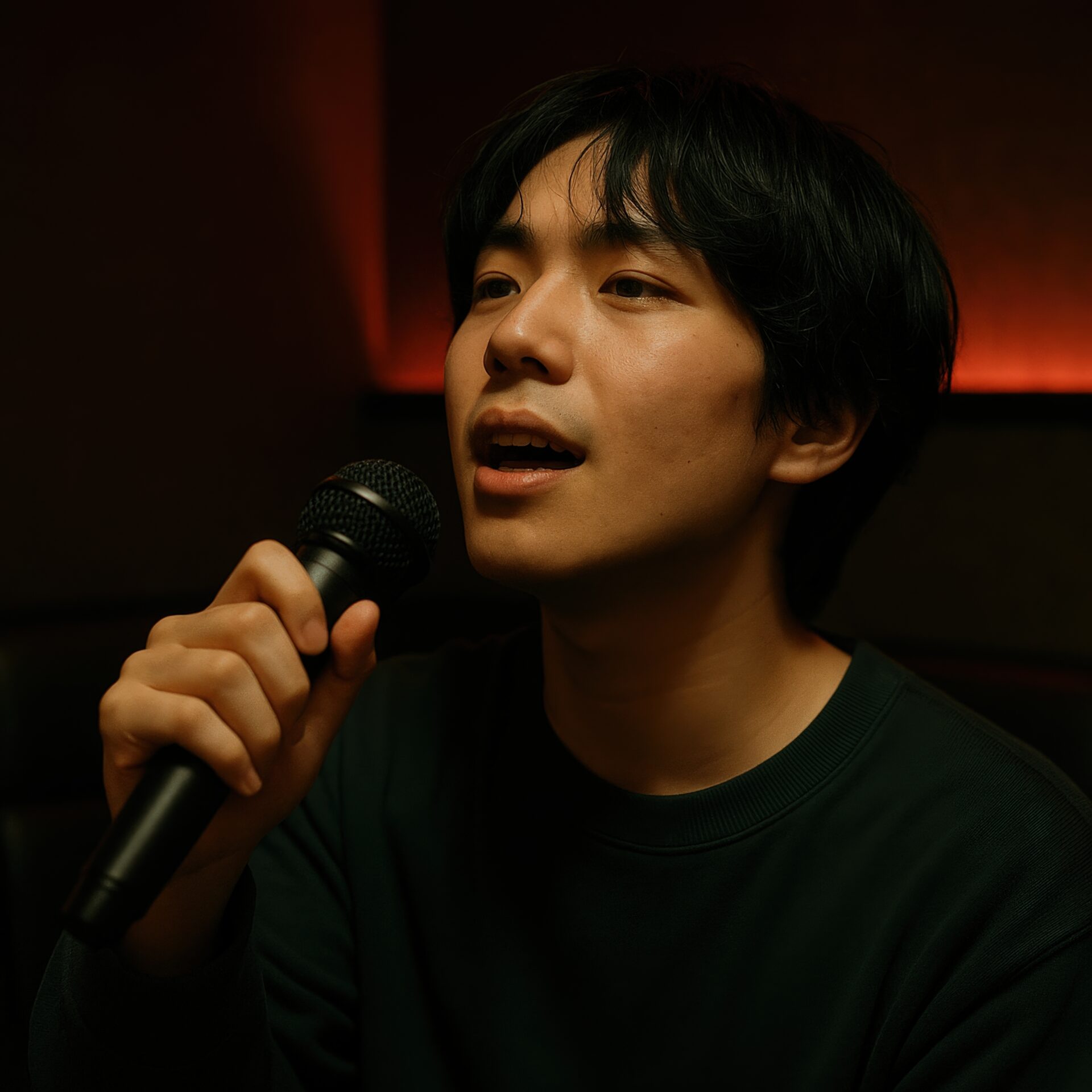 カラオケで熱唱する男性（暗い照明）