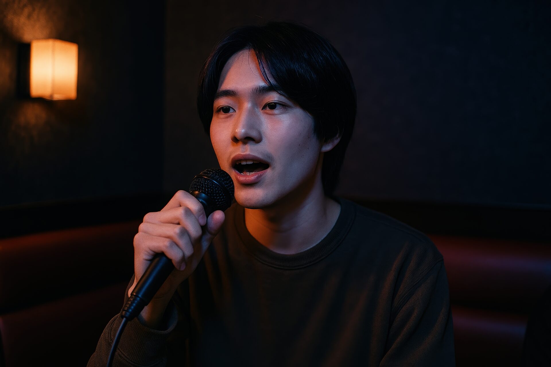 カラオケルームで真剣に歌う男性