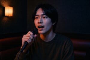 カラオケルームで真剣に歌う男性