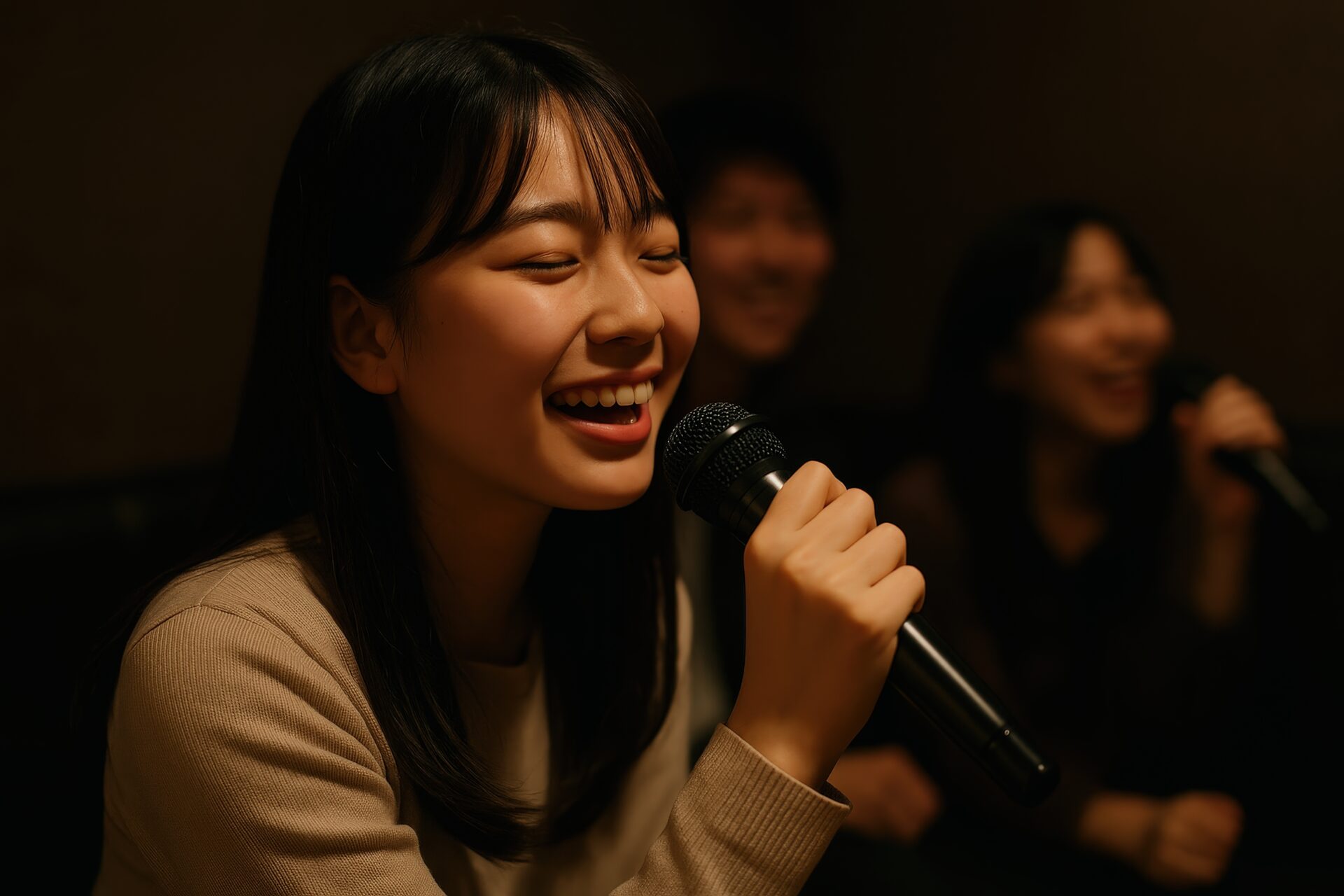 カラオケで歌う女性と友人たち