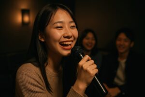 カラオケ中に笑う女性