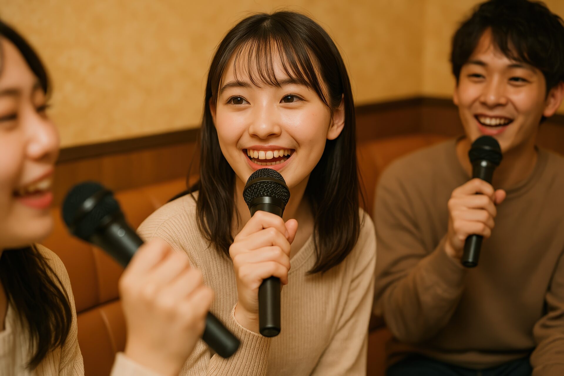 マイクを持ち話す女性と友人