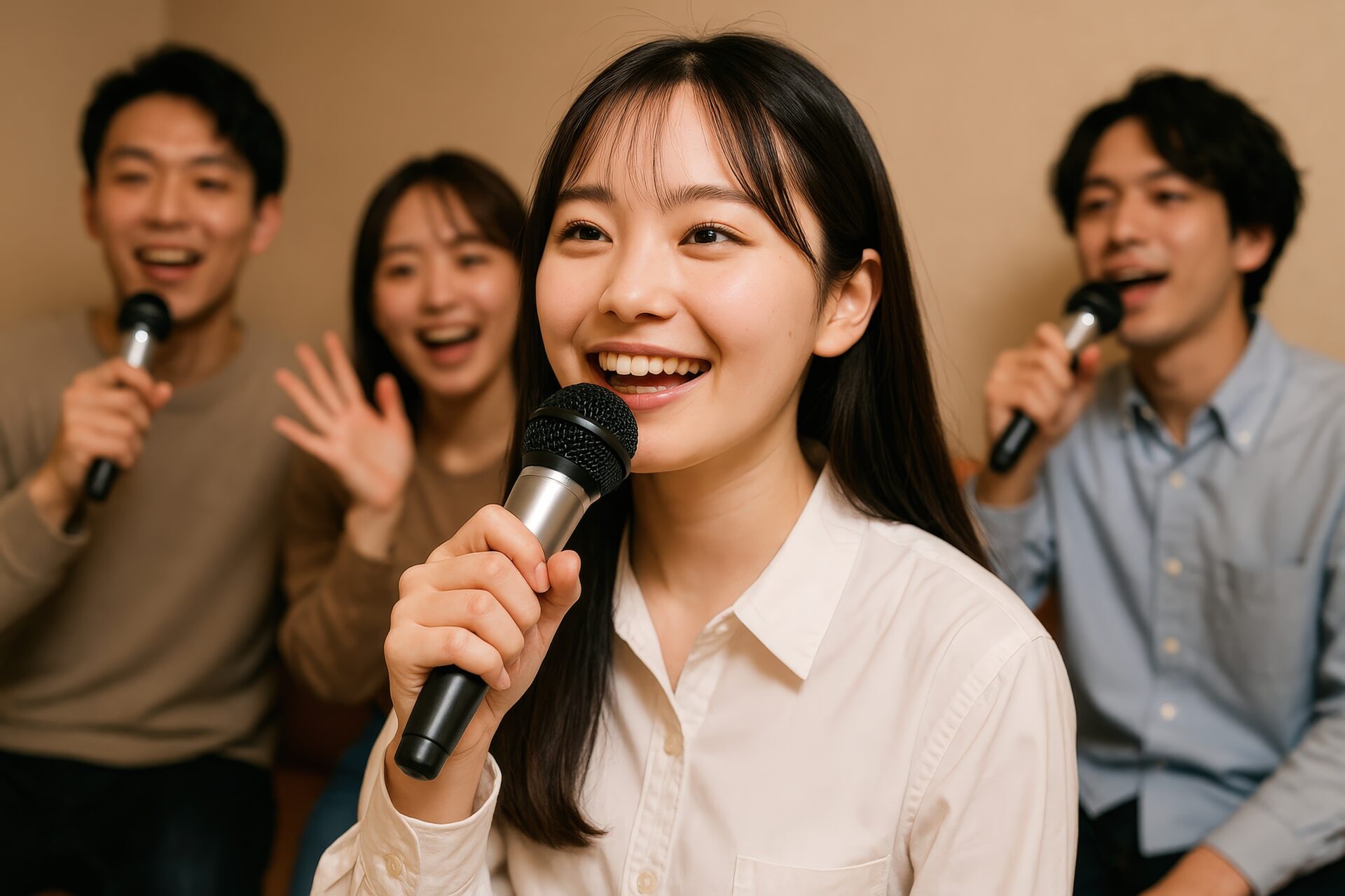 歌って盛り上がる女性と仲間たち