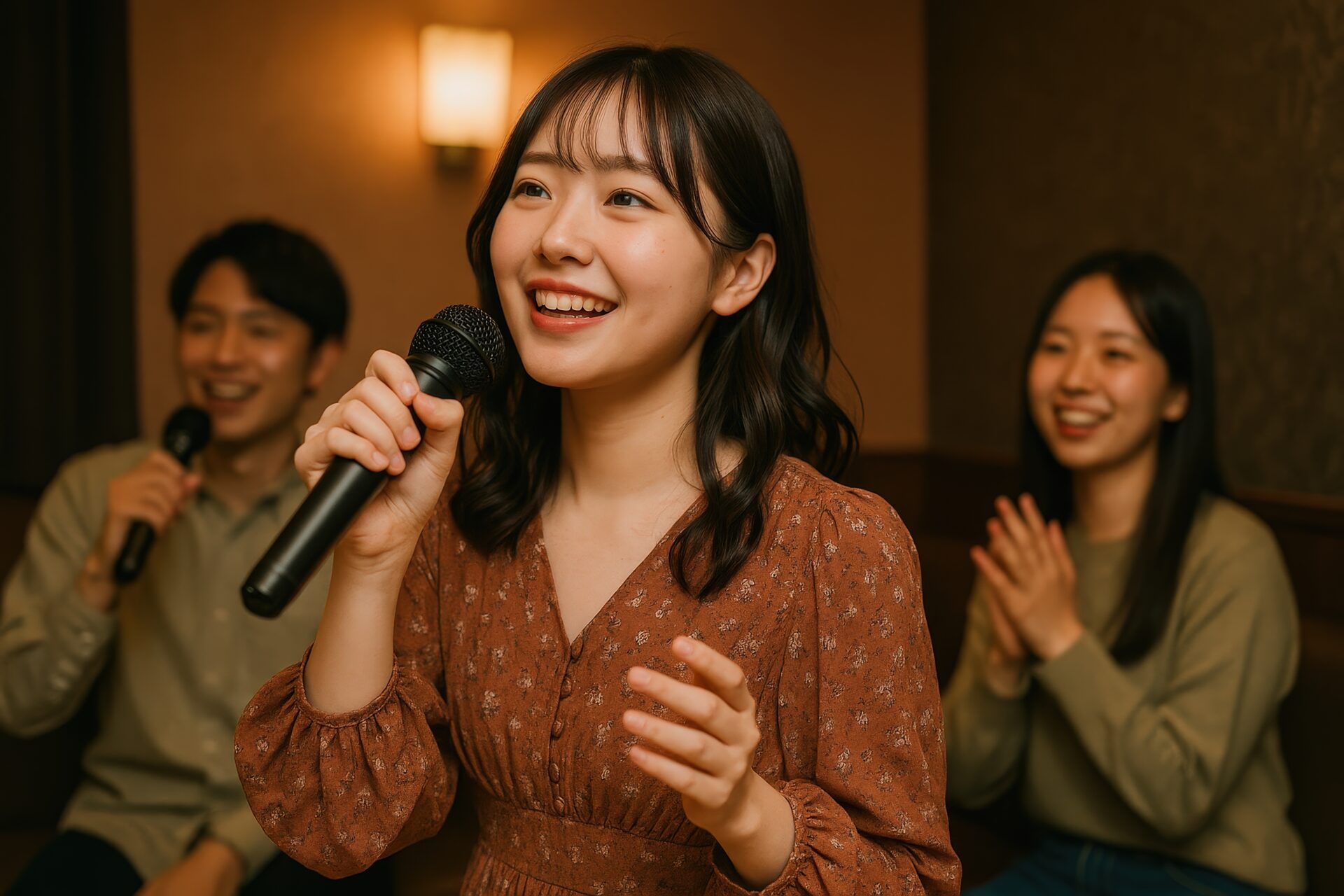 歌唱中の女性とカラオケ仲間たち