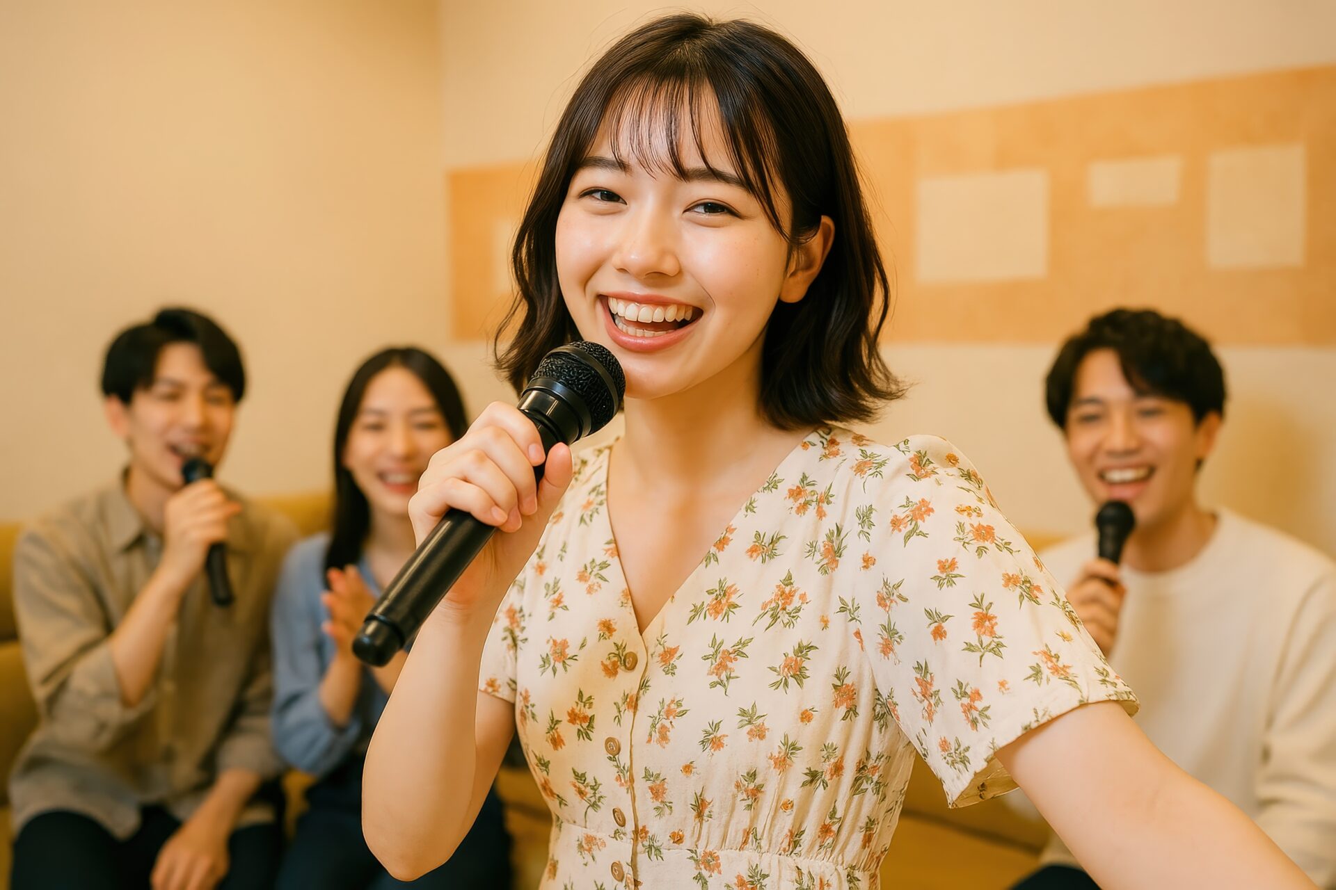 楽しそうに歌う女性と仲間たち