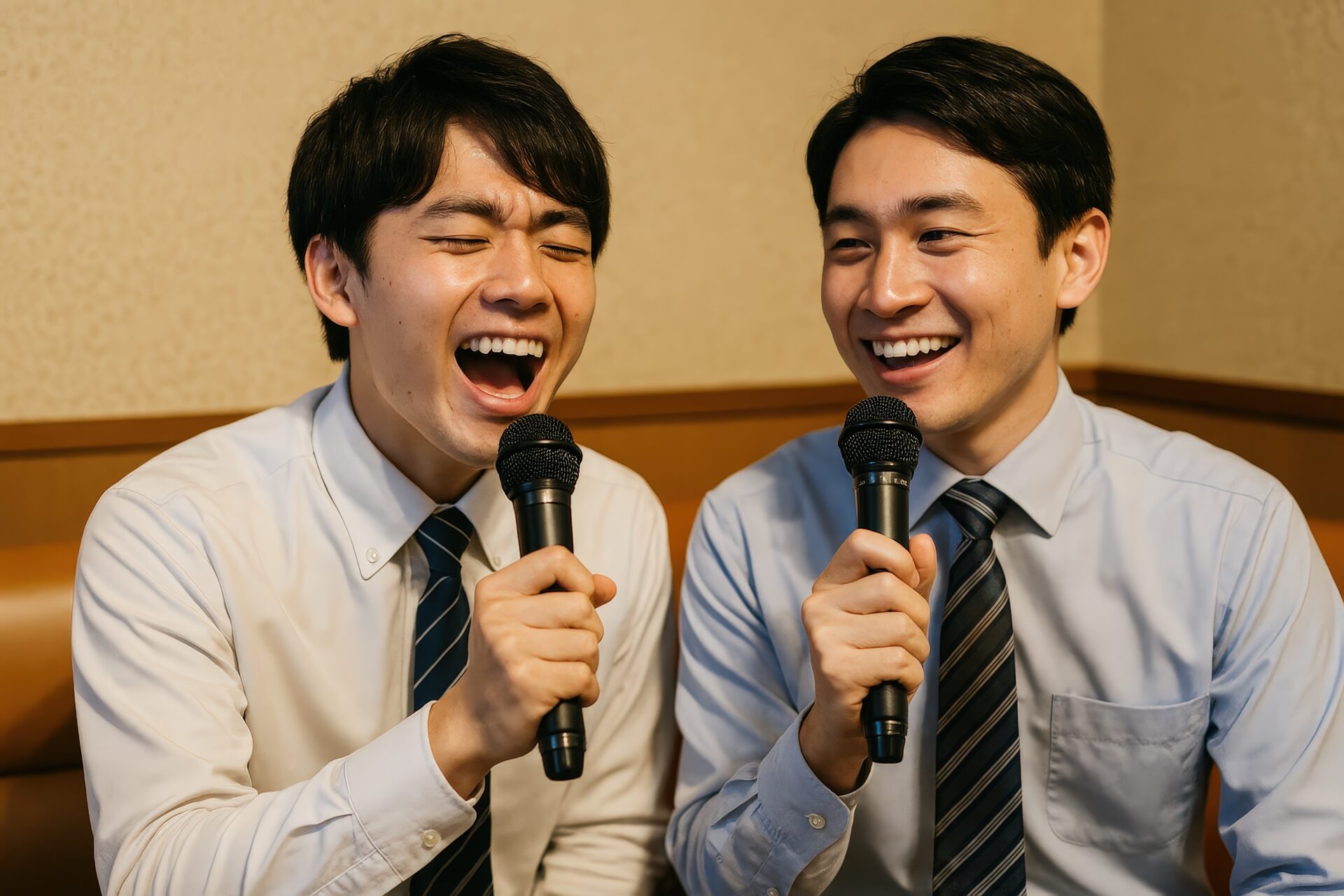 スーツ姿の男性たちが熱唱