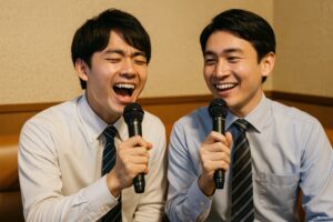 スーツ姿の男性たちが熱唱