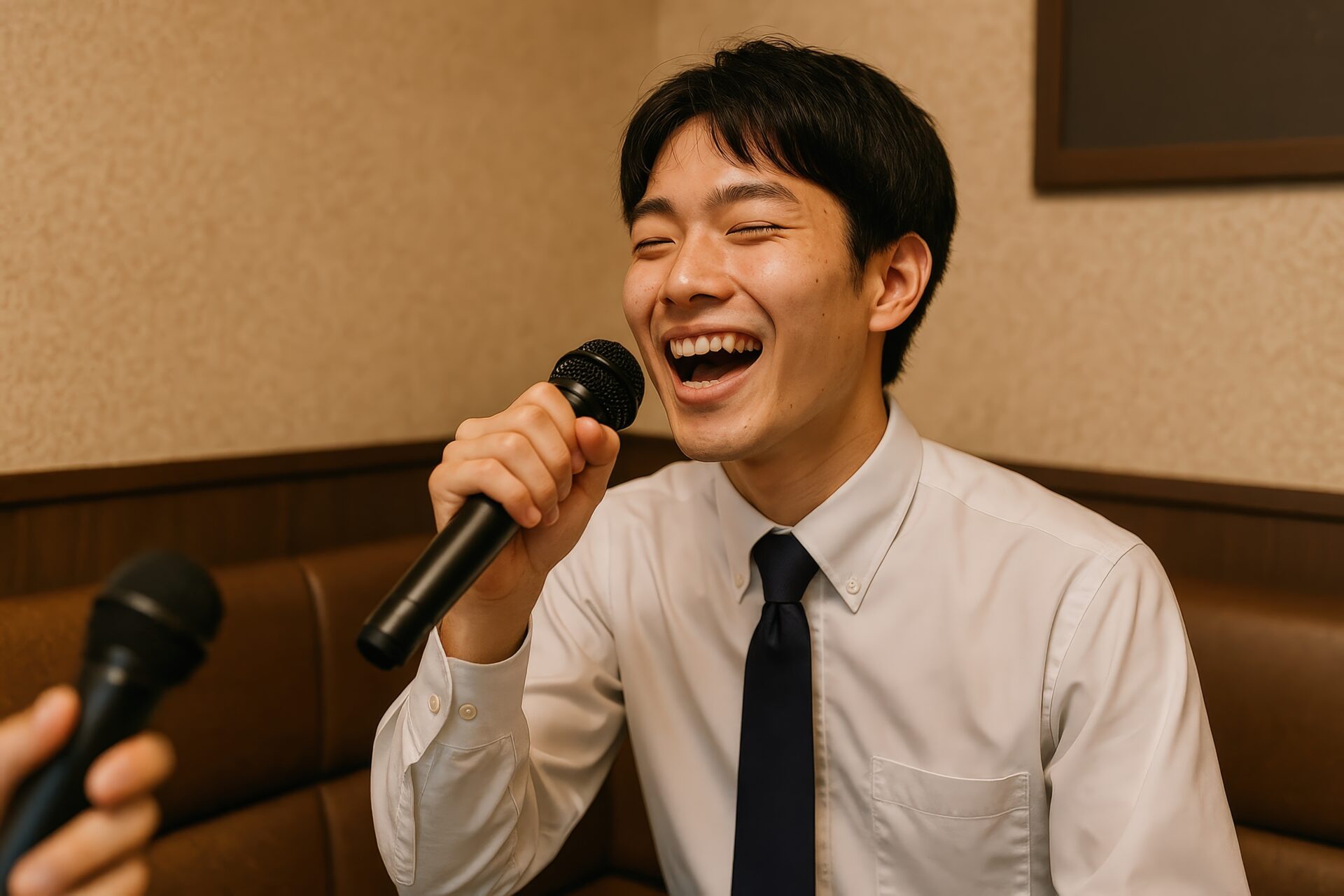 カラオケで笑うスーツの男性