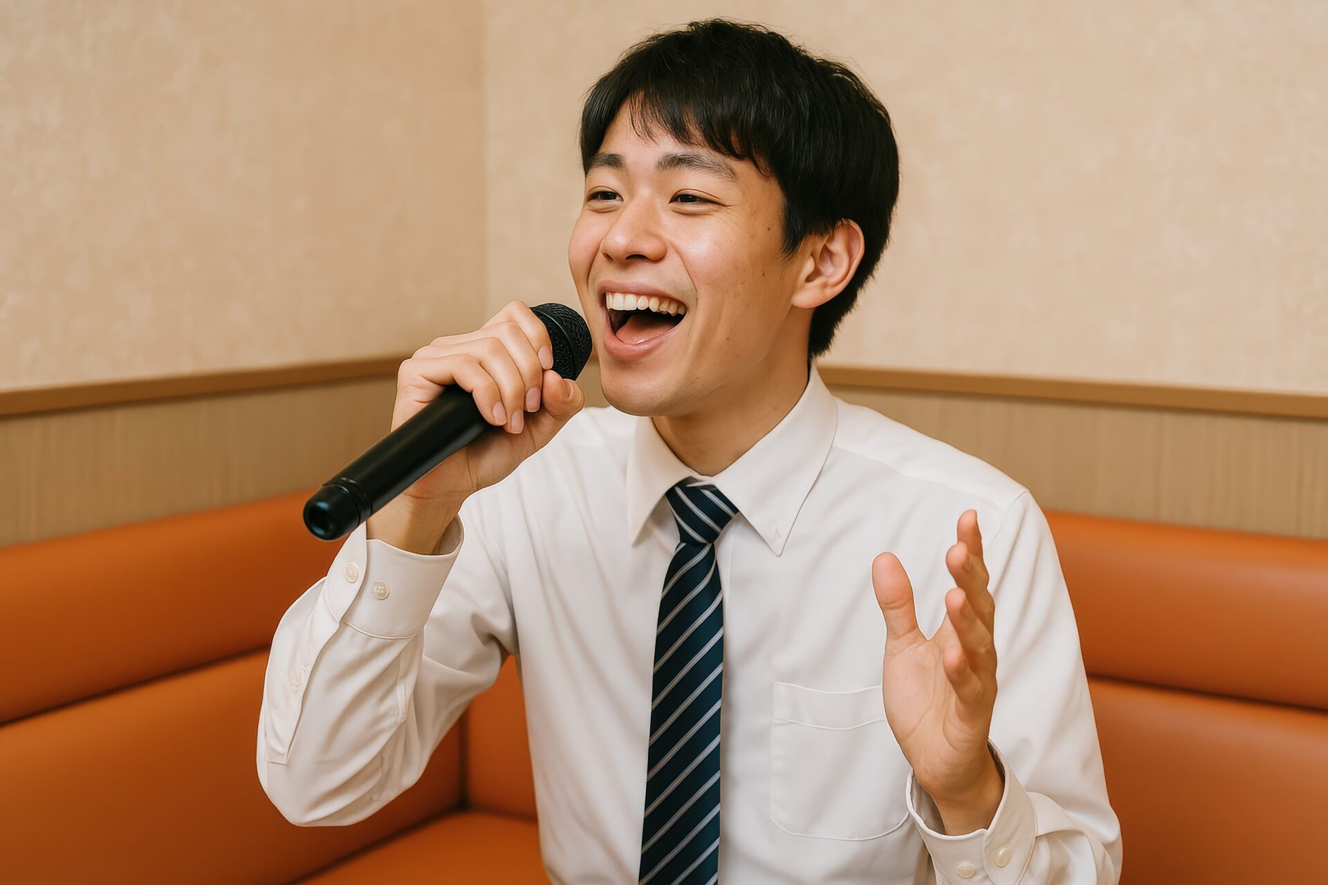 カラオケで楽しむ会社員風の男性