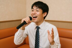 カラオケで楽しむ会社員風の男性