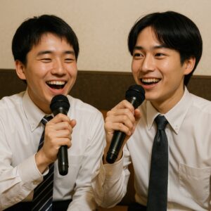 楽しげに歌うスーツ姿の若者たち