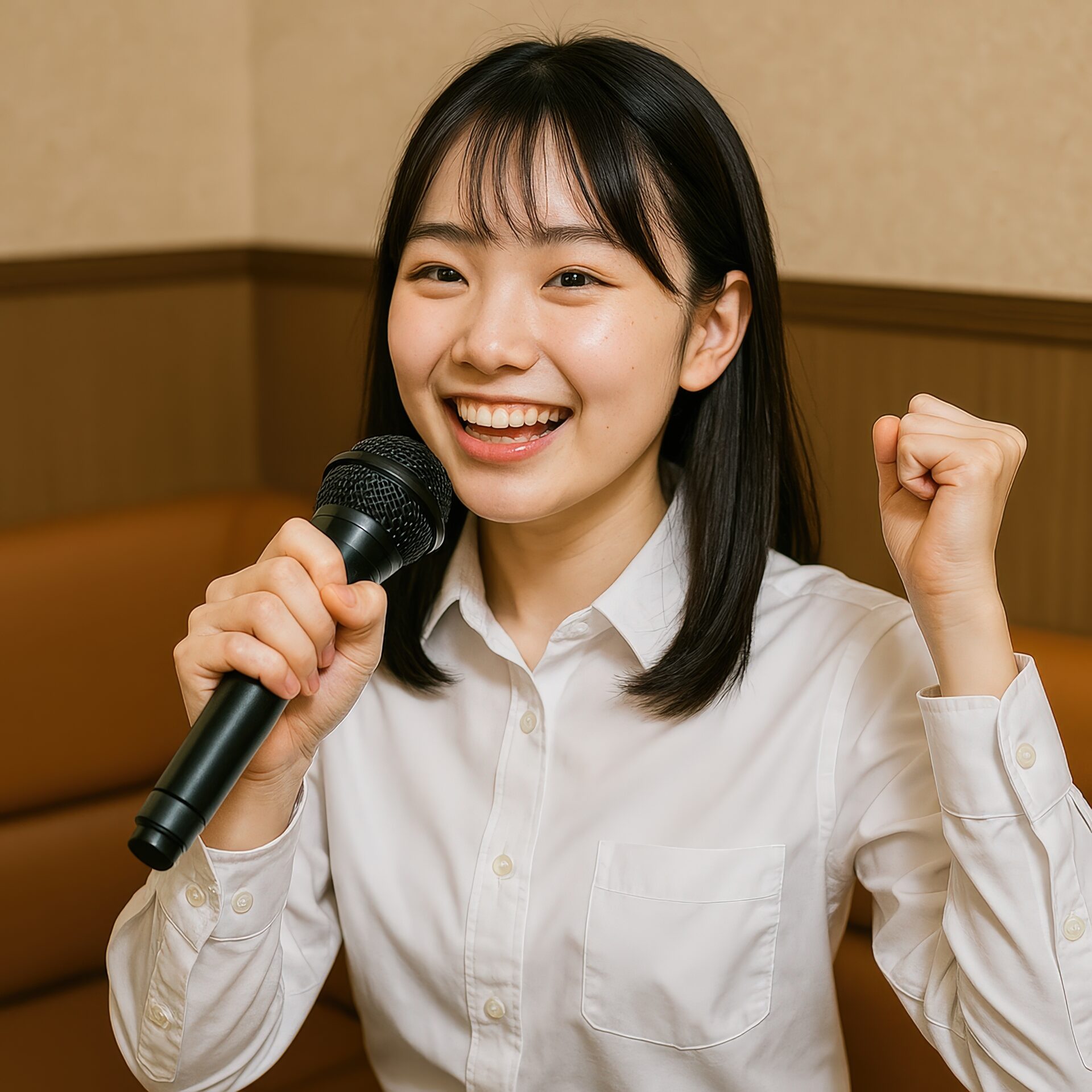 カラオケで歌う白いシャツの女性