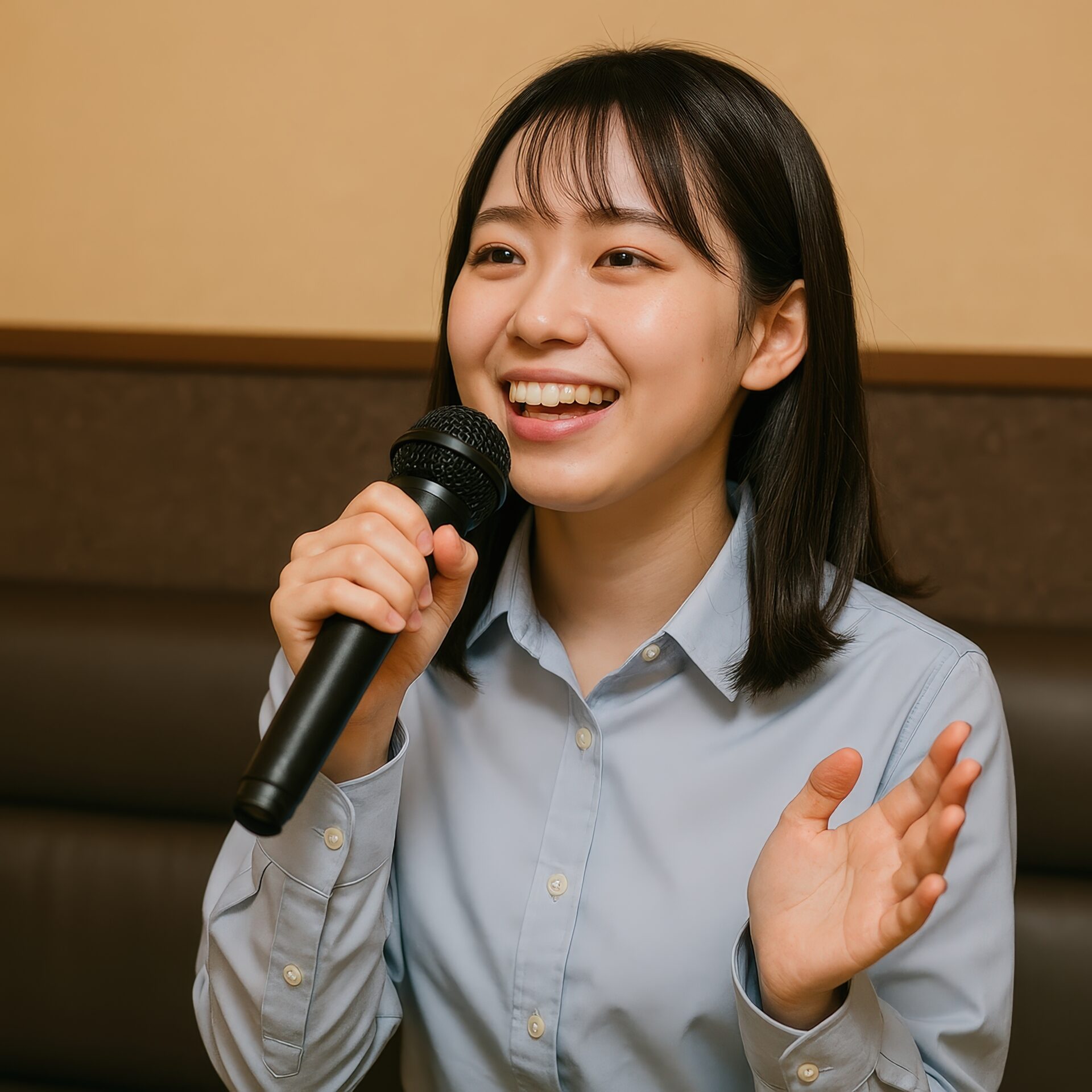 笑顔で歌うシャツ姿の女性