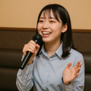 笑顔で歌うシャツ姿の女性