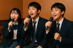 制服姿の学生たちがカラオケ