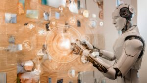 室内でホログラム画面を操作するロボット