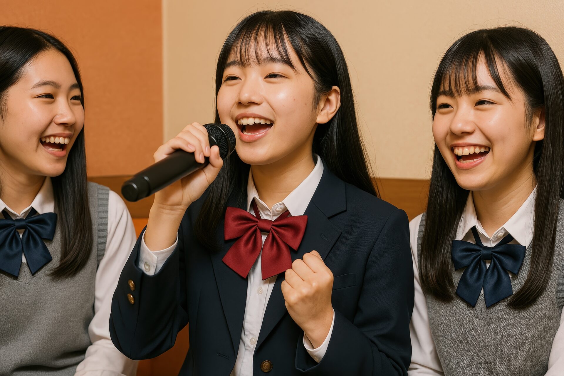 制服姿の女子グループがカラオケ