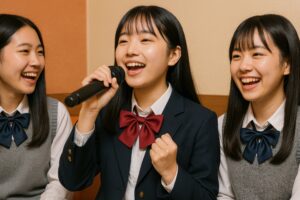 制服姿の女子グループがカラオケ