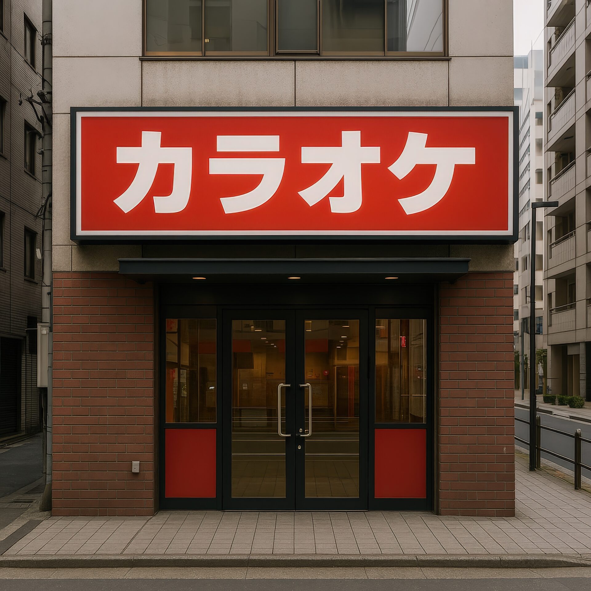 カラオケ店の外観（赤看板）
