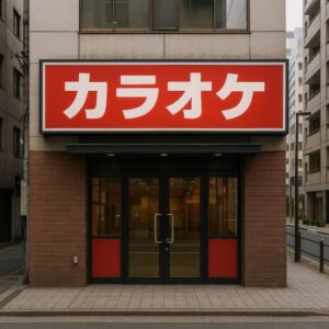 カラオケ店の外観（赤看板）