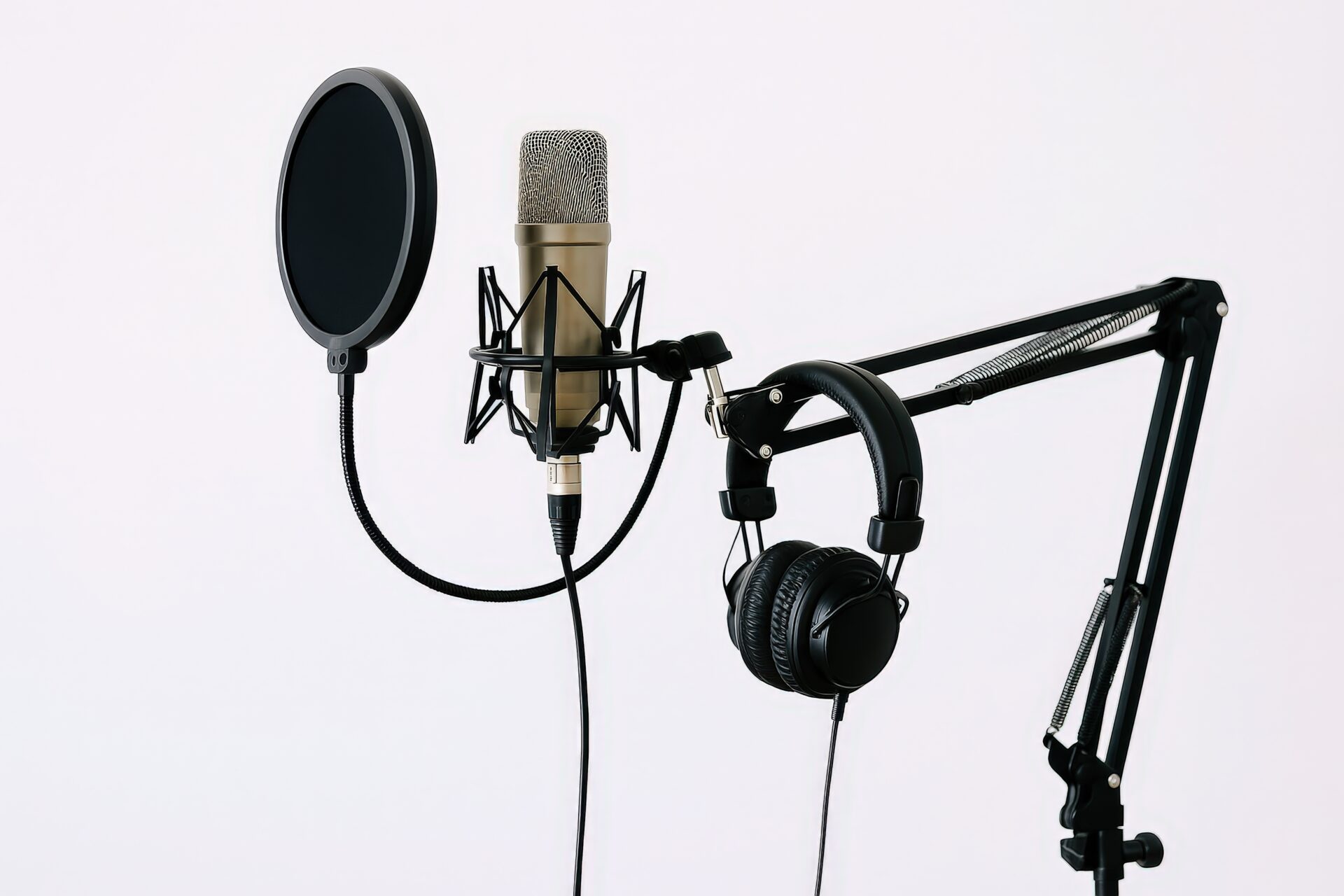録音スタジオのマイクとヘッドホン（ゴールド）