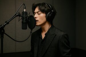 スタジオで収録する男性ボーカリスト