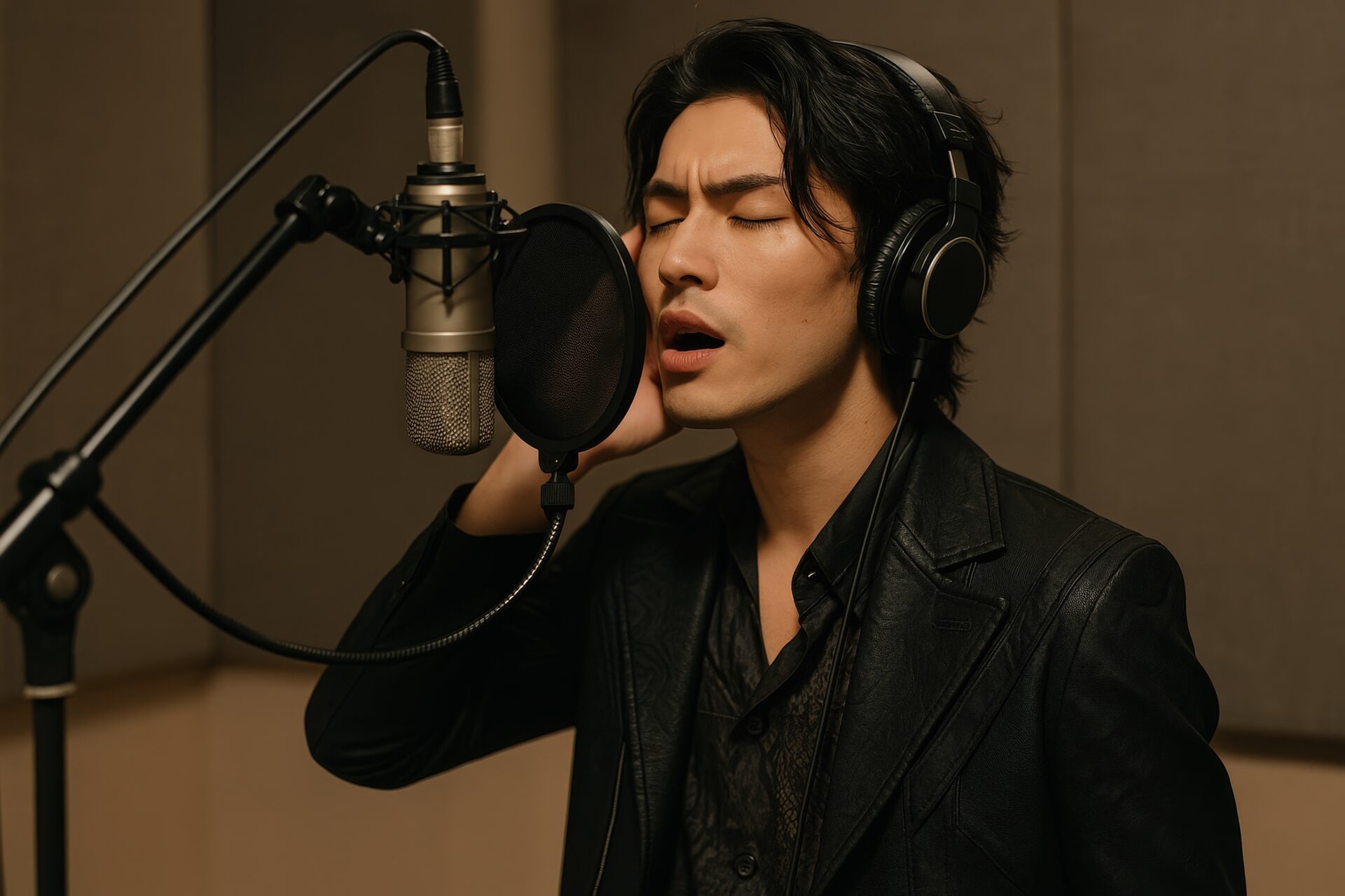 熱唱する男性シンガー（レコーディング風景）