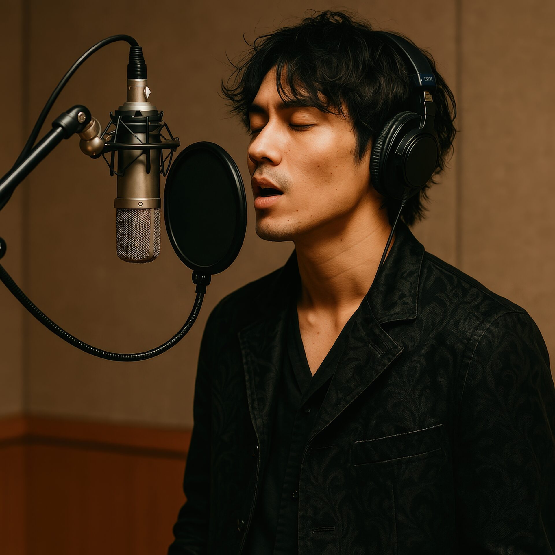 スタジオで歌唱中の男性アーティスト