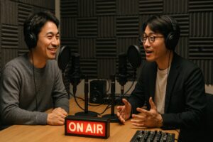 ポッドキャスト収録中の男性2人