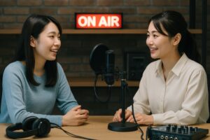 ポッドキャスト中の女性会話1