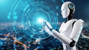 夜景を背景にした未来的ロボット