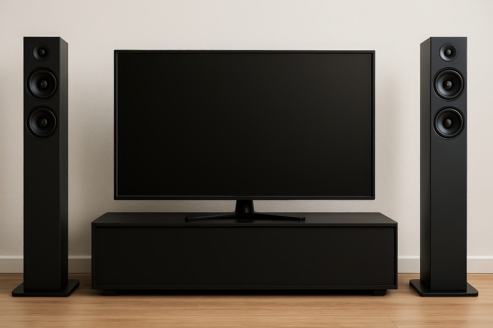 テレビとトールスピーカー（ブラックモダン）