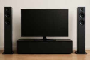 テレビとトールスピーカー（ブラックモダン）