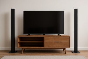 テレビとトールスピーカー（木製キャビネット）
