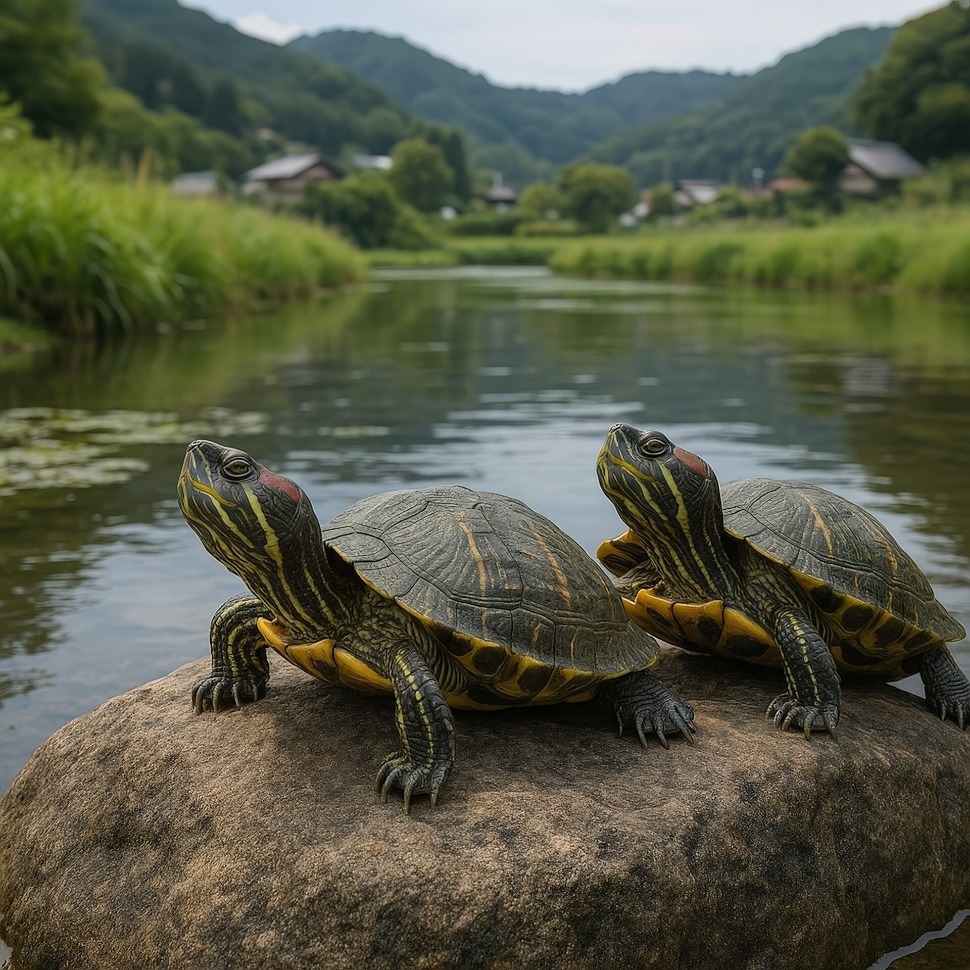 里山の川辺にいる2匹のミドリガメ