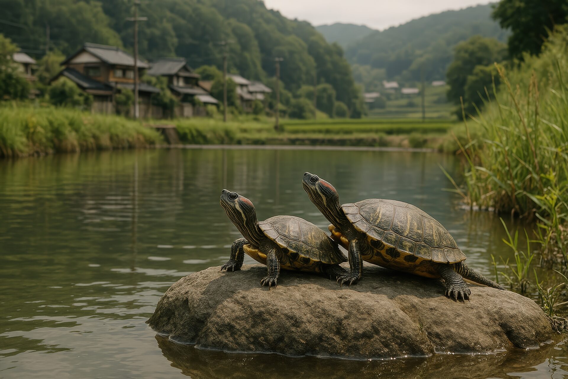 田舎の川辺とミドリガメ