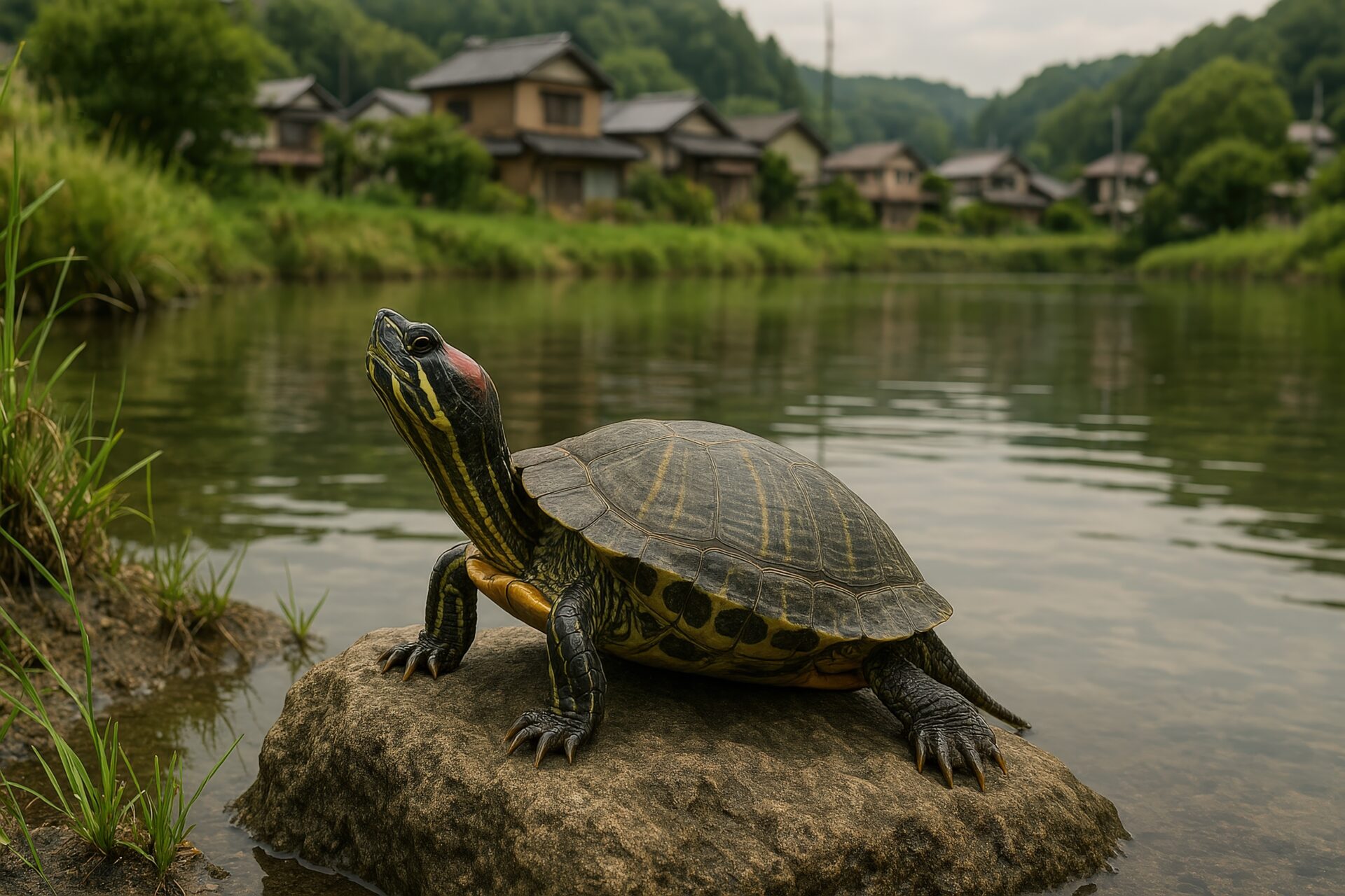 水辺にたたずむミドリガメ