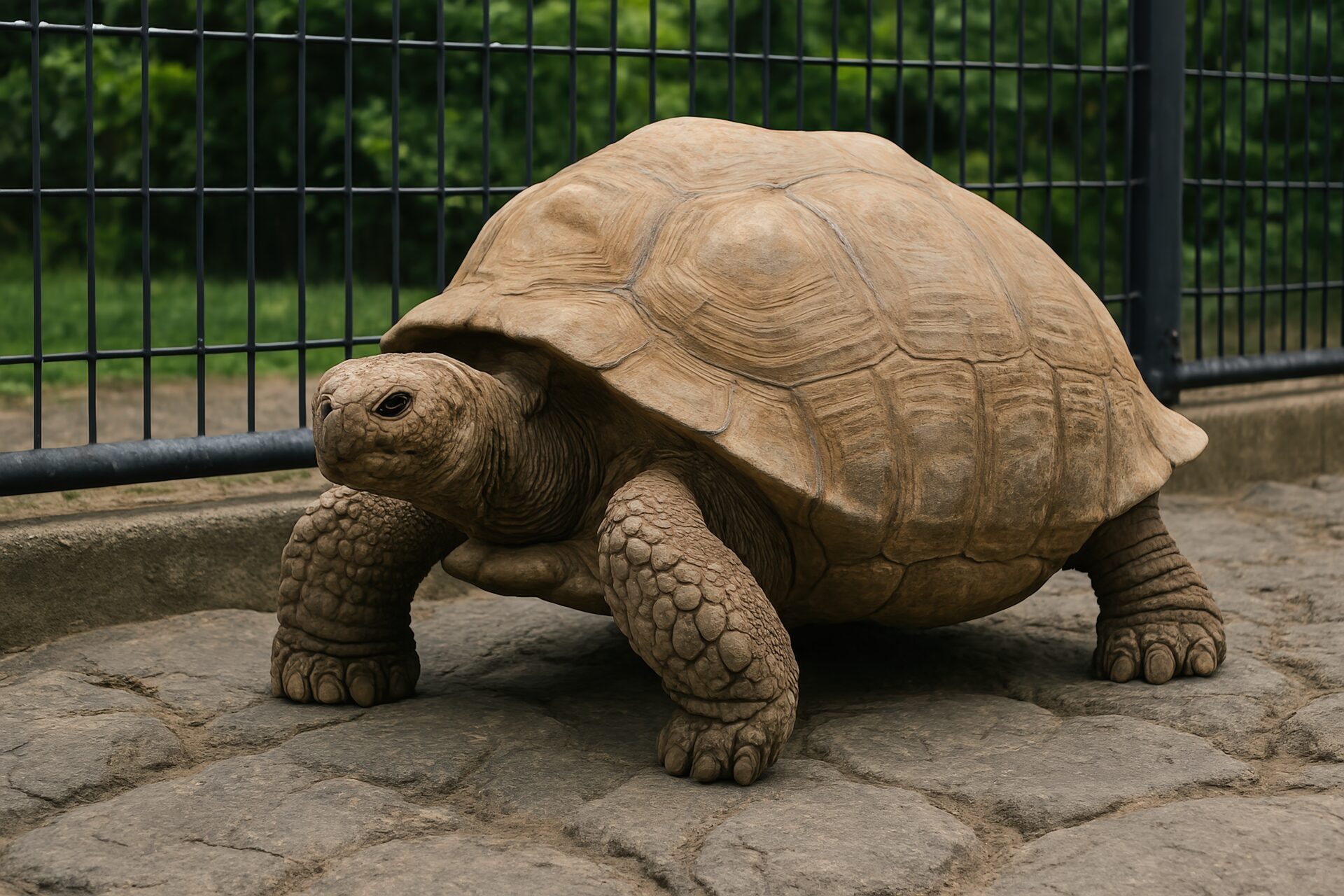 柵の前を歩くゾウガメ