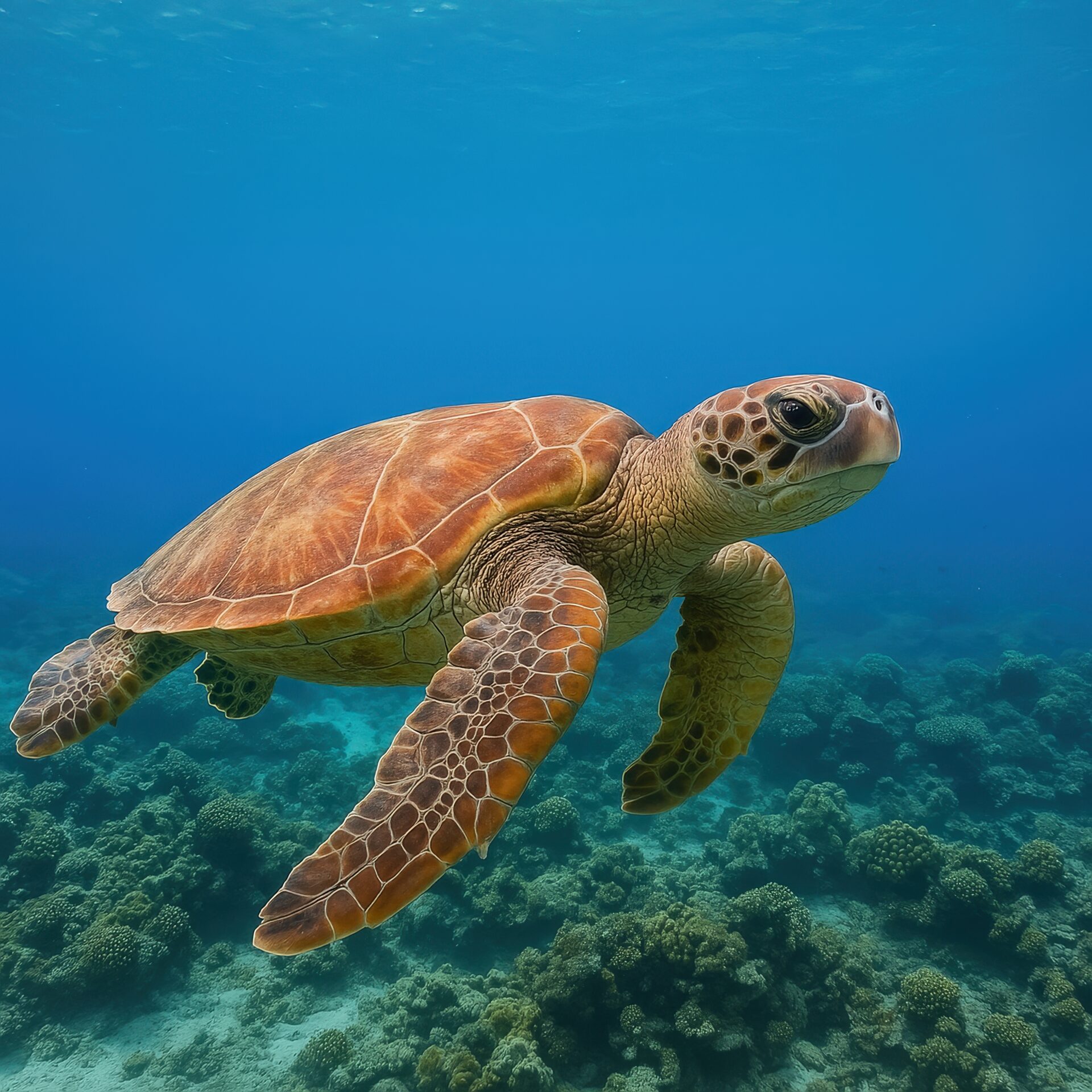 サンゴ礁を泳ぐウミガメ