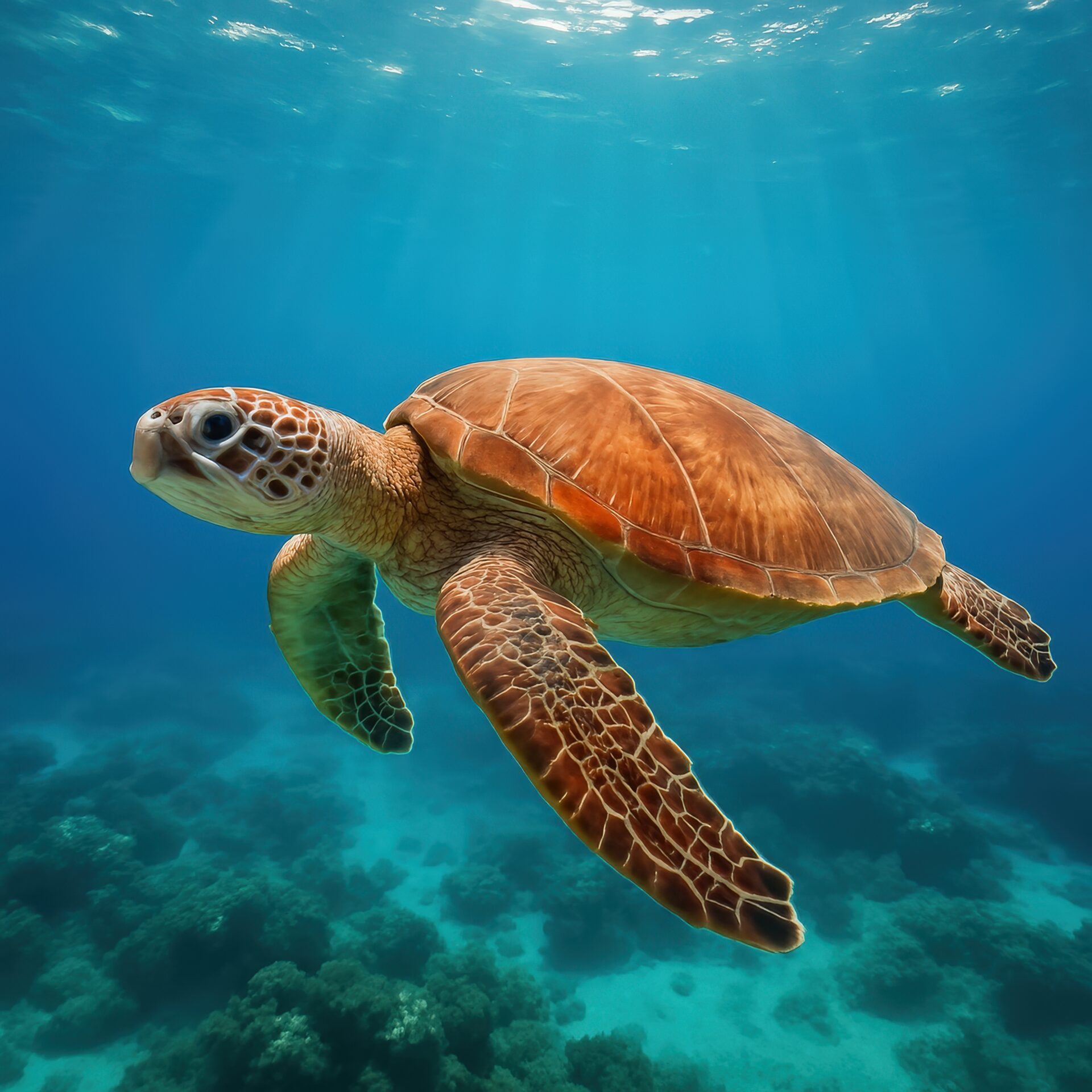 青い海を泳ぐウミガメ