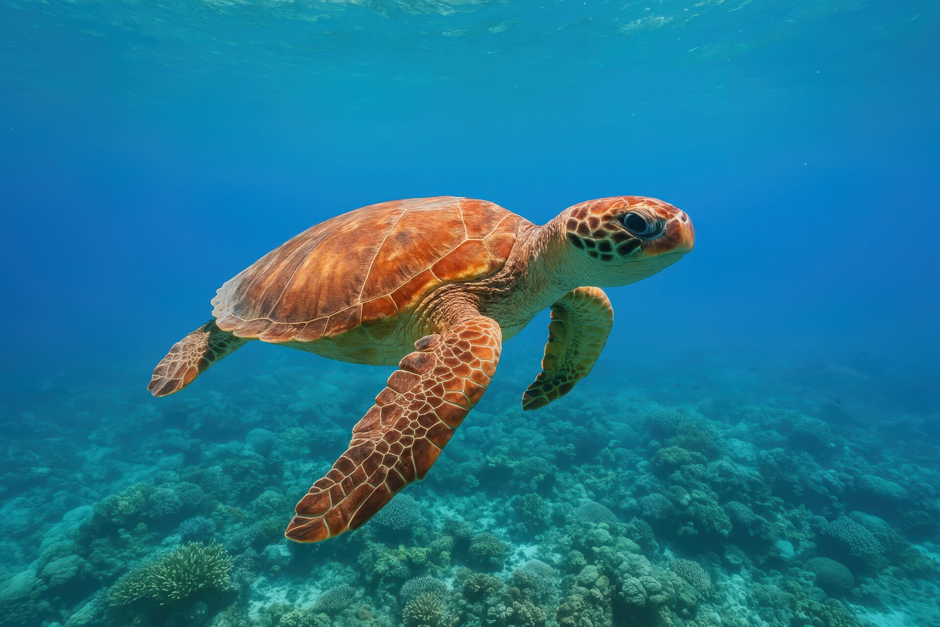 サンゴの海に浮かぶウミガメ