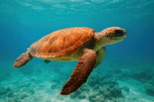 海を泳ぐウミガメの横姿