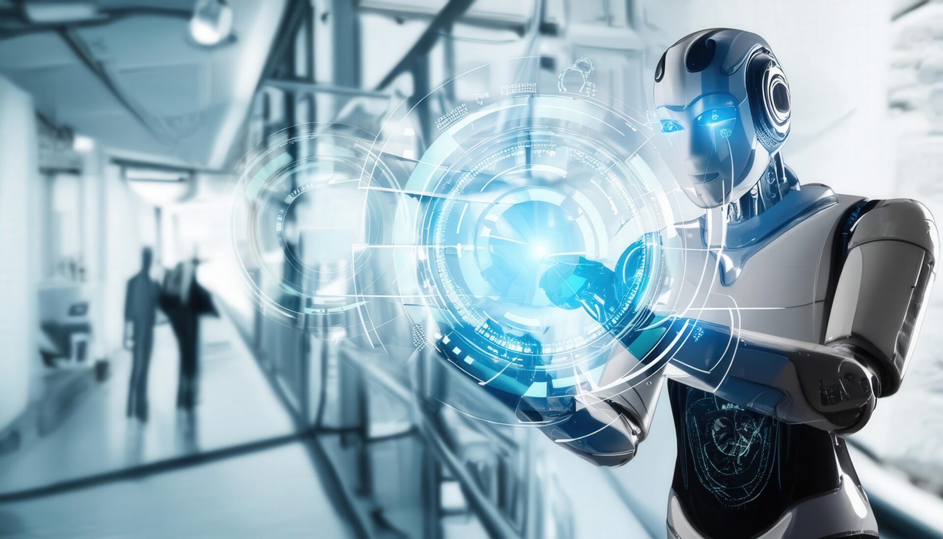 廊下で操作を行うロボット