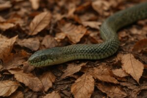 枯れ葉に潜むアオダイショウ