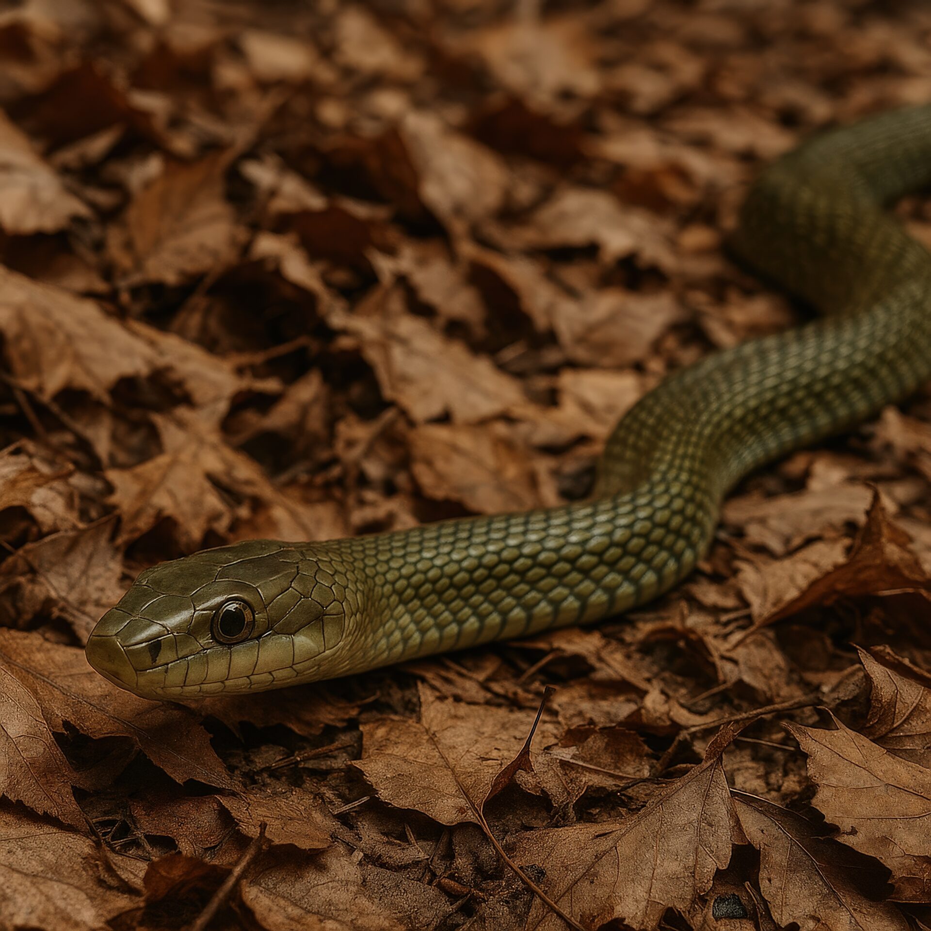 落ち葉の中を移動するアオダイショウ