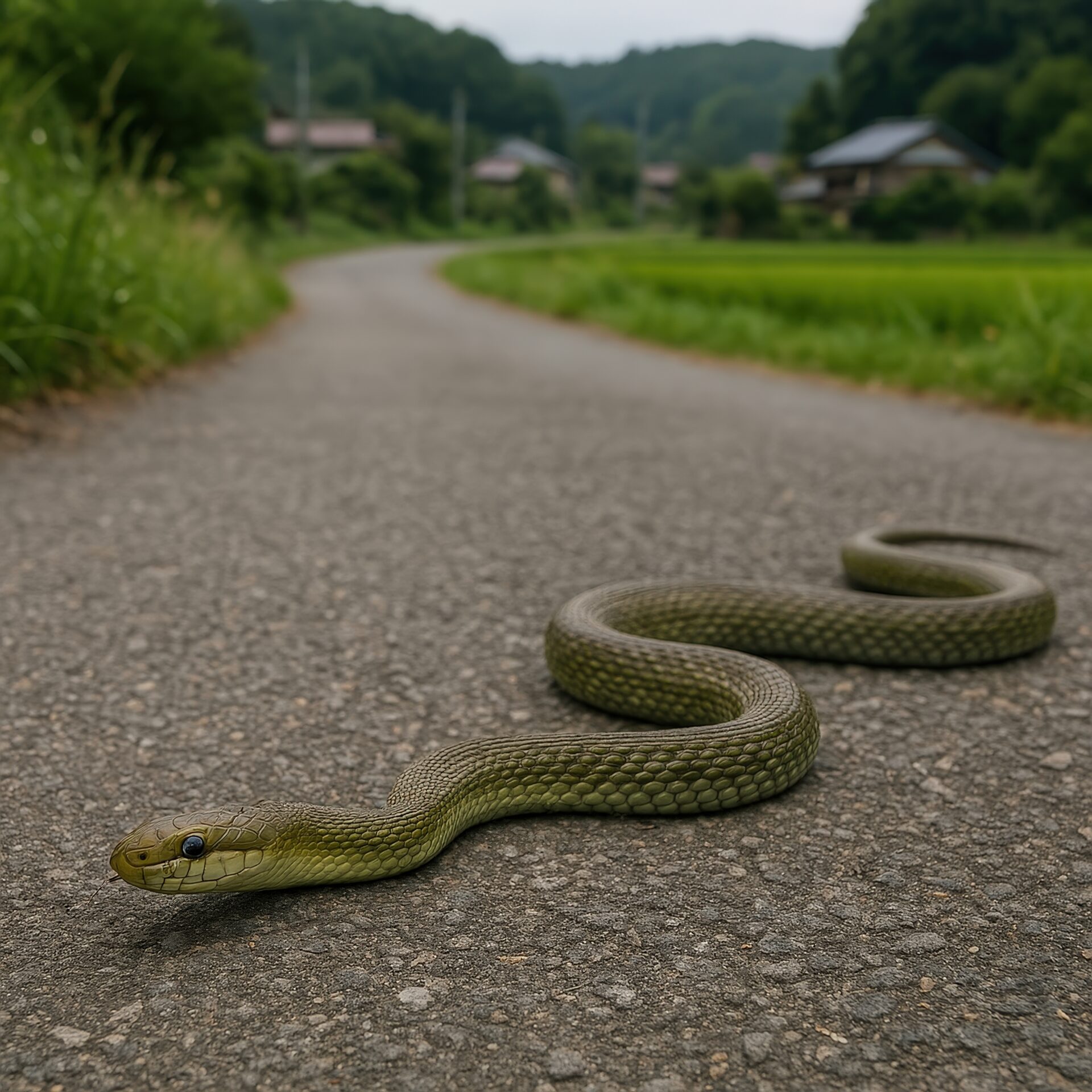 農道に現れたアオダイショウ